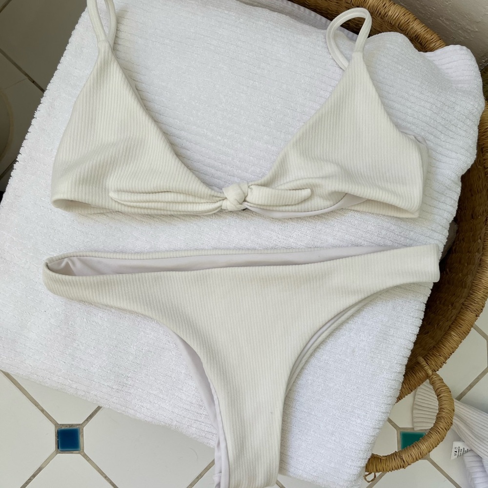 White Ribbed Tie-Front Brazilian-Cut Bikini XS